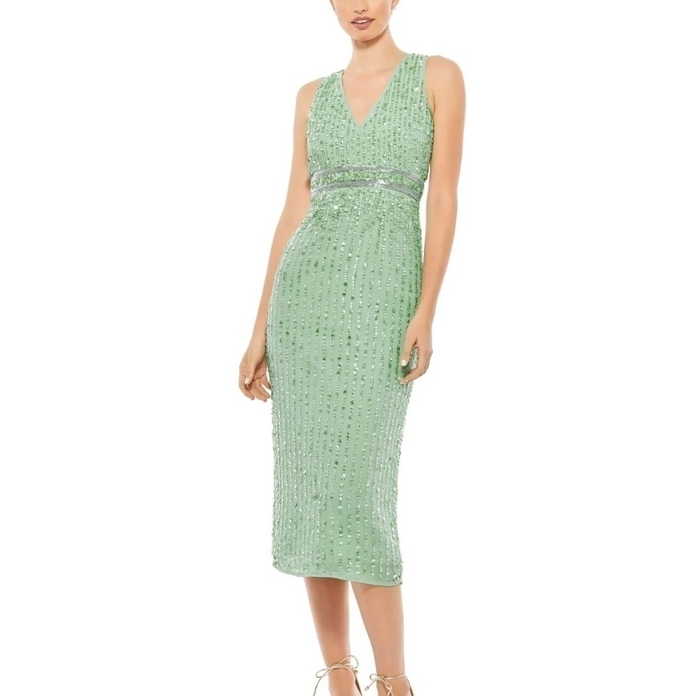 NWT Mac Duggal 70267 Sequined Sleeveless V-Neck Midi Sheath Dress Sage Size 6